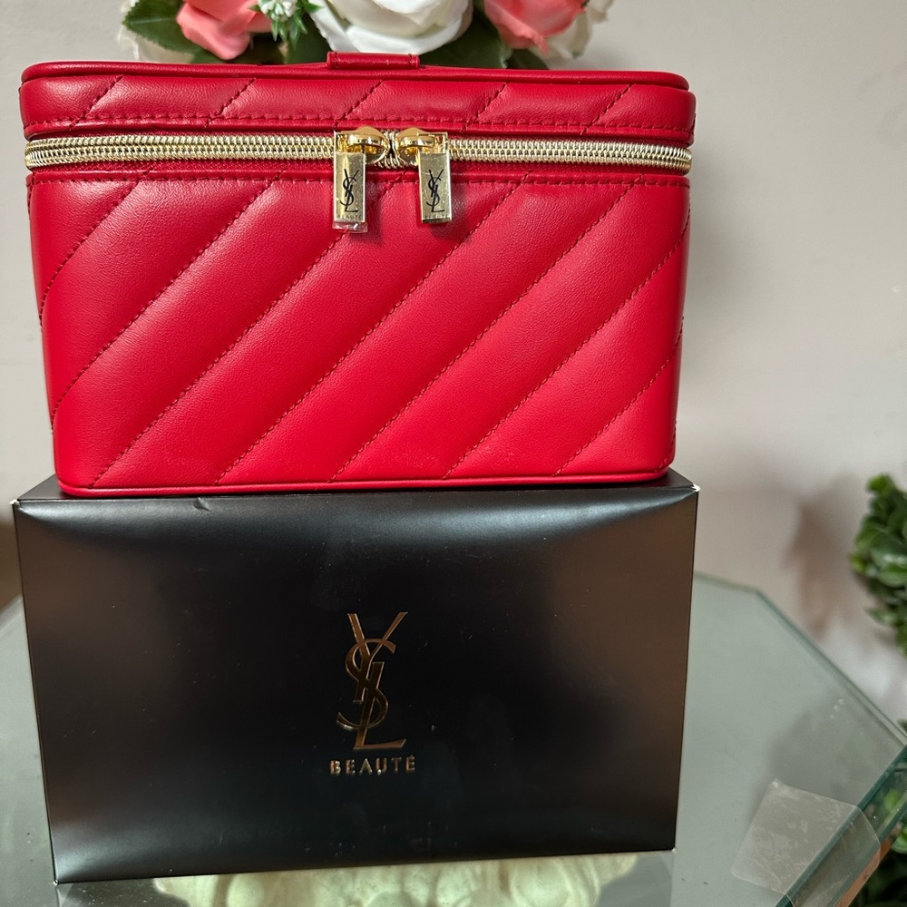 Yves Saint Laurent Quilted Red Leather Cosmetic Case with Gold Hardware